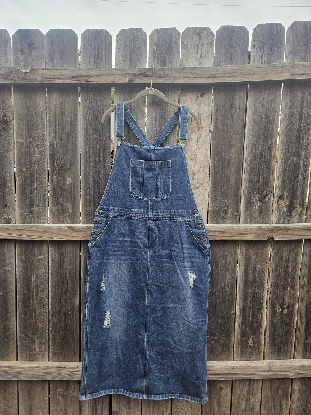 Women's Large XL Midiross Denim Jean Overall Jumper Dress Shabby Grunge Boho